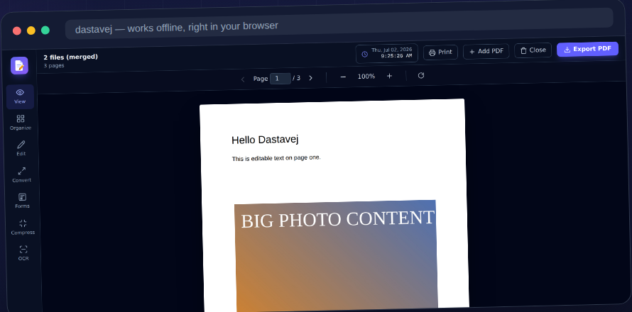 Dastavej PDF editor — view, edit and organize a document entirely in the browser